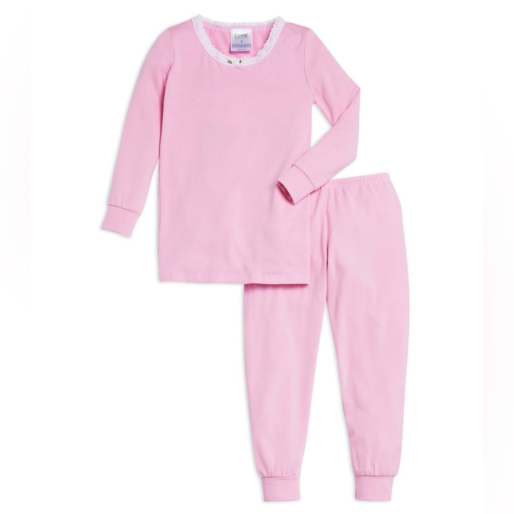 ESME Girls' Solid Full Length Pajama Set - Pink/White - Size 3